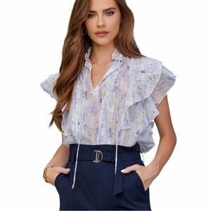 Bishop + Young Remi Ruffle Blouse Tie Neck Pleated Top Bluish Ivory Boho Size L